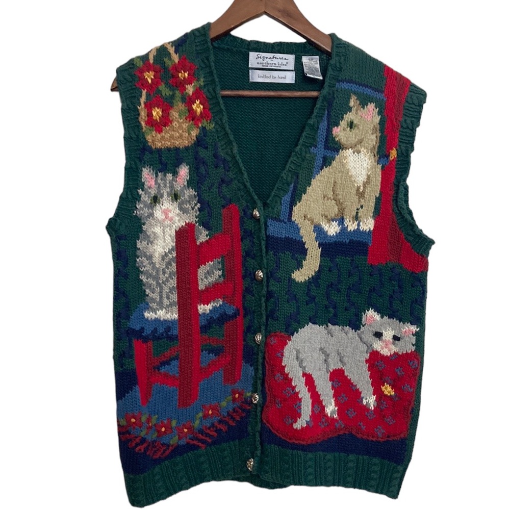 Vintage Green V-Neck Sweater Vest with Cat Design